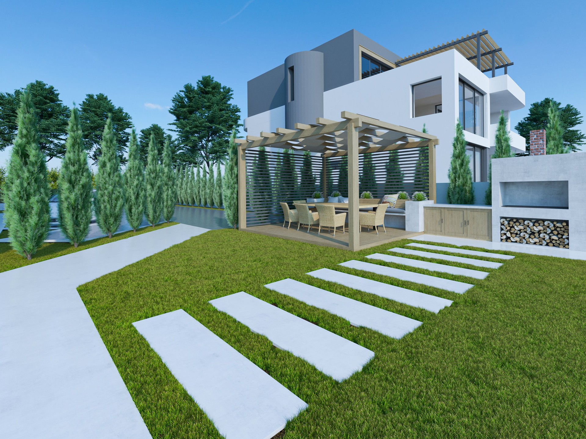 Immagine generata al computer di una casa. Visualizzazione architettonica. Rendering 3D. Design esterno